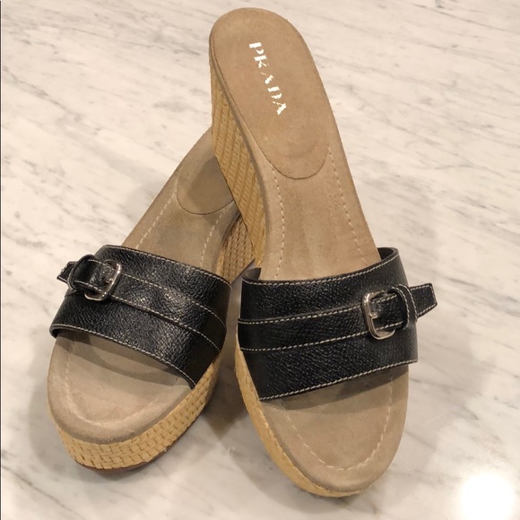 Prada Shoes - Prada Platform Wedge Espadrilles Black Leather!!!